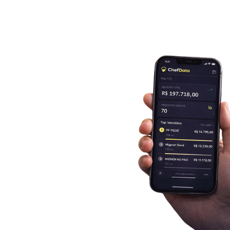 Dono de restaurante consultando CMV em tempo real pelo celular com ChefData