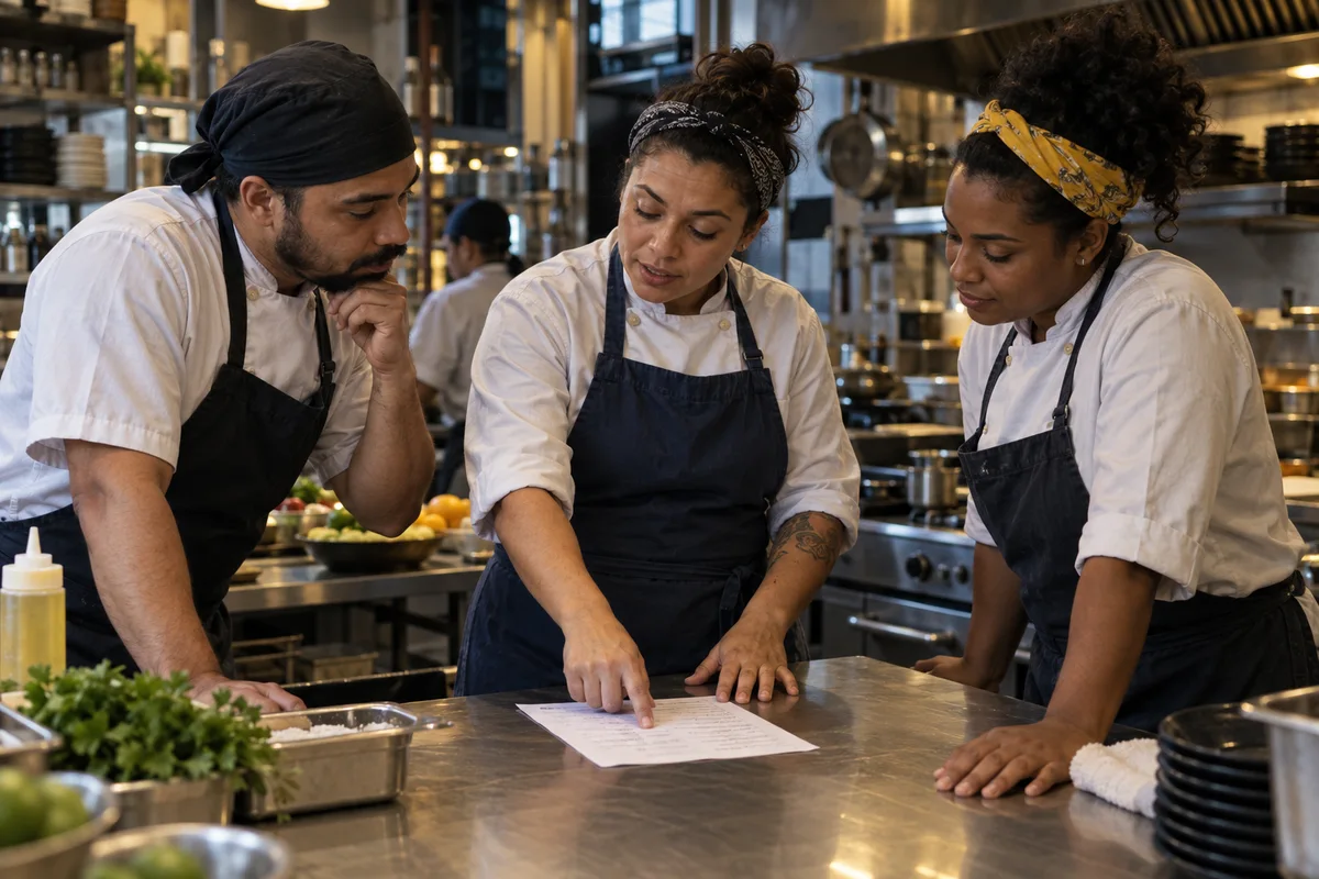 Equipe de cozinha organizando a rotina antes do serviço