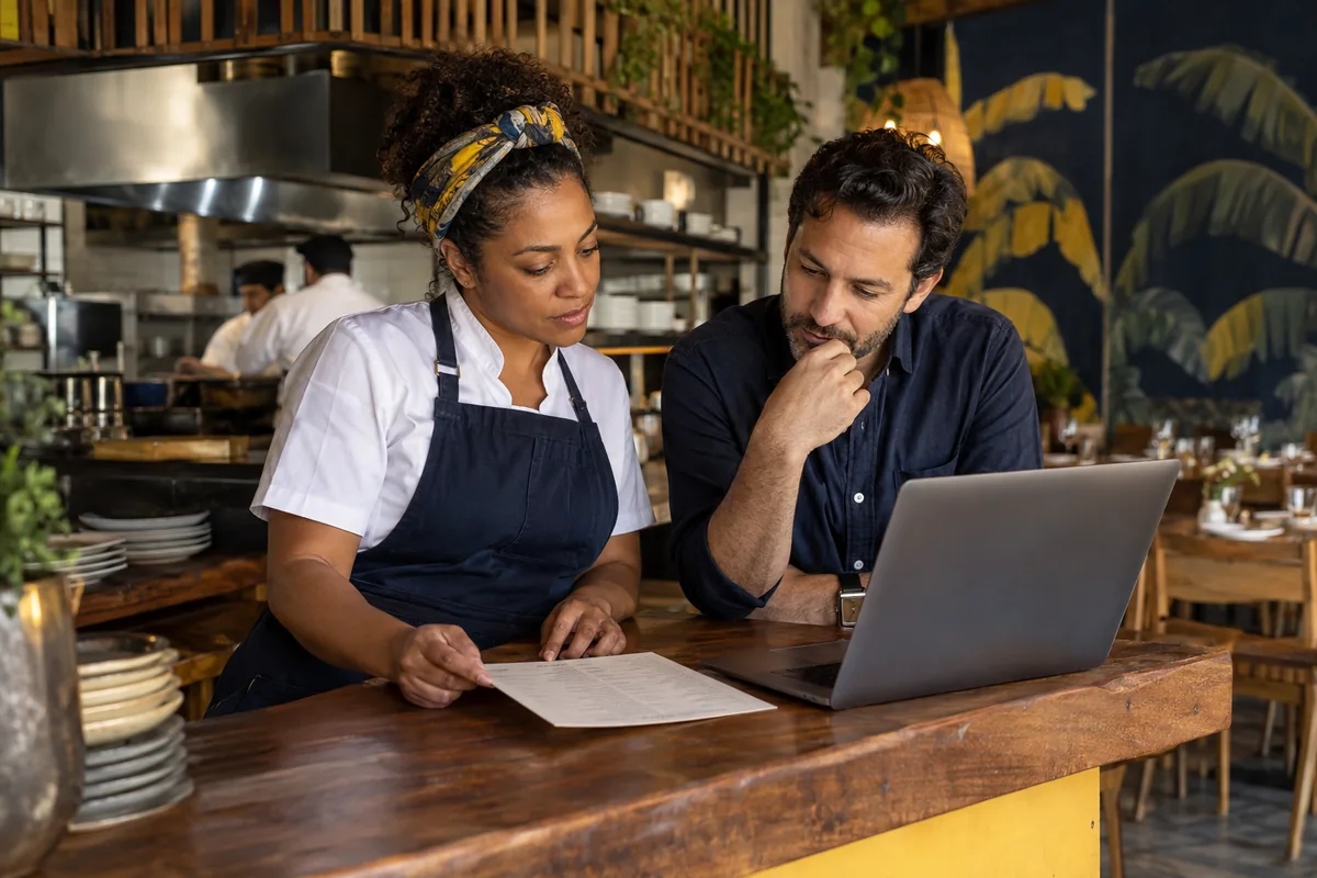 Dona de restaurante e consultor trabalhando juntos na análise do cardápio