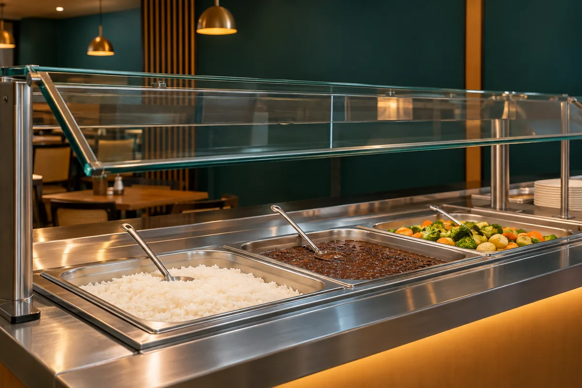 Buffet com proteção e utensílios separados por preparação