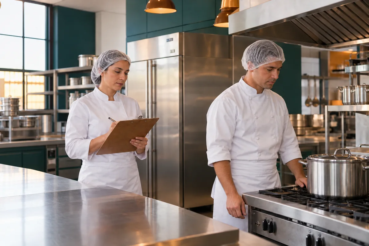 Equipe em uma cozinha profissional organizada