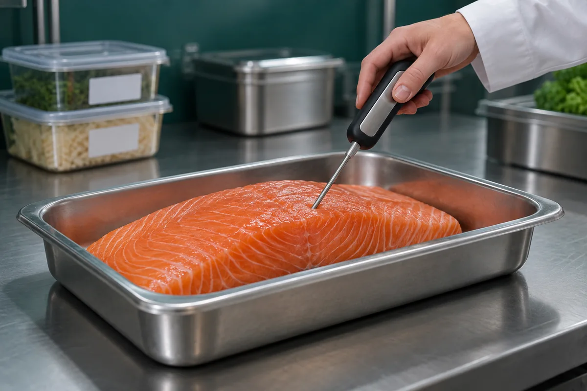 Controle de temperatura de pescado em recipiente adequado