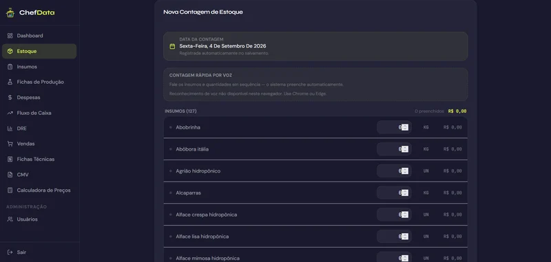 Tela de controle de estoque do ChefData